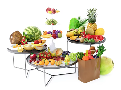 Fresh Assorted Fruits Displayed on Plates and Stands with Brown Shopping Bag 3d model