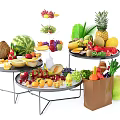 Fresh Assorted Fruits Displayed on Plates and Stands with Brown Shopping Bag