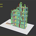 Multi Level Industrial Building Model With Metal Frame Yellow Stairs And Pipes