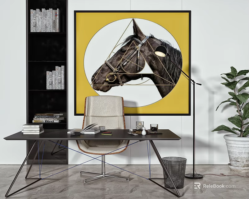 Stylish Desk with Books and Chair in Interior with Yellow Horse Painting and Green Plant 3d model 