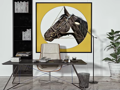 Stylish Desk with Books and Chair in Interior with Yellow Horse Painting and Green Plant 3d model