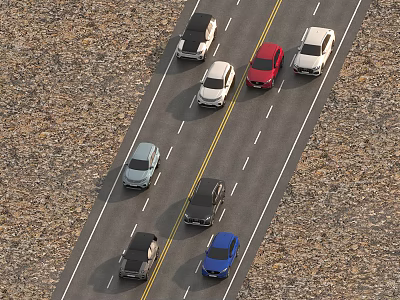 Multiple colored cars driving on the highway with two way lanes and gravel ground 3d model
