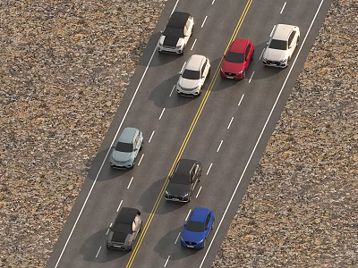 Multiple colored cars driving on the highway with two way lanes and gravel ground 3d model
