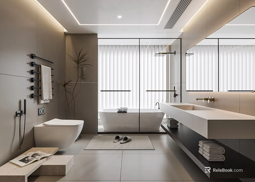 Modern Bathroom Interior Design With Glass Shower Enclosure Bathtub Double Vanity Sink And Large Mirror 3d model 