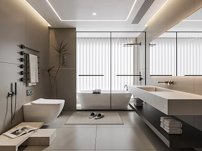 Modern Bathroom Interior Design With Glass Shower Enclosure Bathtub Double Vanity Sink And Large Mirror 3d model