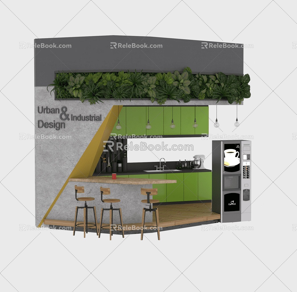 Coffee shop shop shop sale shop coffee machine bar stool machine green plant 3d model