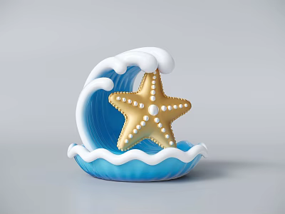 Ocean Theme Photo Spot With Blue Wave Base And Golden Starfish Decor 3d model