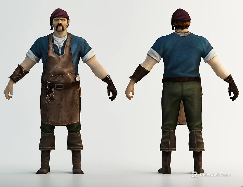 Game Movie Character With Front Back View Blue Shirt Brown Apron Green Pants Red Cap 3d model 