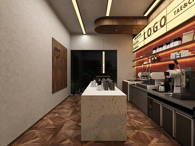Modern Teahouse Interior Design With Marble Bar And Wooden Decor Elements 3d model