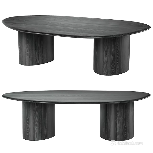 Modern Dark Wooden Dining Table With Oval Tabletop And Cylindrical Legs Design 3d model 
