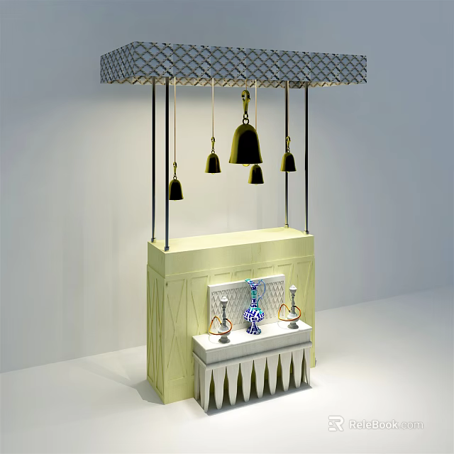 Elegant Hanging Chimes Decor With Woven Canopy Above Light Colored Display Cabinet 3d model 