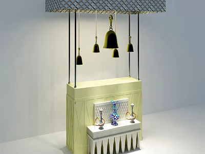 Elegant Hanging Chimes Decor With Woven Canopy Above Light Colored Display Cabinet 3d model