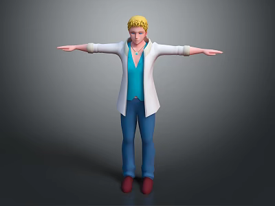 Game and Movie Character With Blonde Hair White Coat Blue Outfit Red Shoes Arms Outstretched 3d model