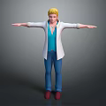 Game and Movie Character With Blonde Hair White Coat Blue Outfit Red Shoes Arms Outstretched