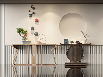 Elegant Wooden Console Table With Circular Decor Green Plant And Decorative Ornaments 3d model