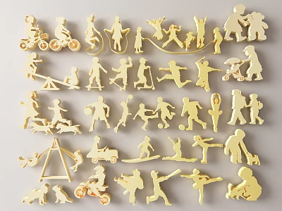 Golden Silhouette Wall Decor Featuring Children Playing And Sports Activities 3d model