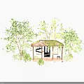 Cozy Wooden Cabin with Porch and Sloped Roof Surrounded by Green Trees and Flowers
