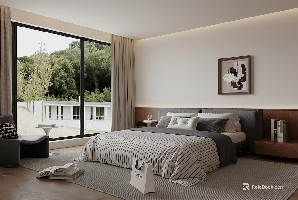Modern Bedroom Interior With Large Windows Green View Beige Curtains Wooden Headboard And Striped Bedding 3d model 