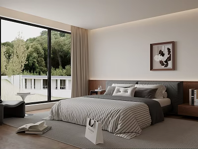 Modern Bedroom Interior With Large Windows Green View Beige Curtains Wooden Headboard And Striped Bedding 3d model