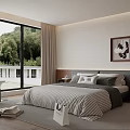 Modern Bedroom Interior With Large Windows Green View Beige Curtains Wooden Headboard And Striped Bedding