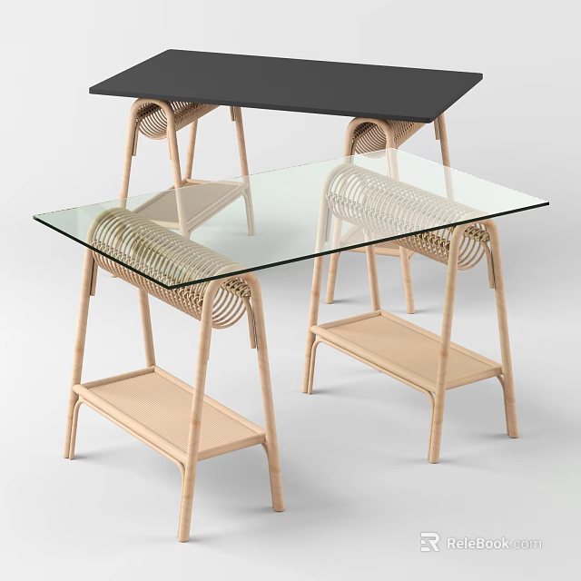 Modern Desk Interior With Glass And Black Tops Wooden Legs Woven Design 3d model 