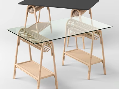 Modern Desk Interior With Glass And Black Tops Wooden Legs Woven Design 3d model