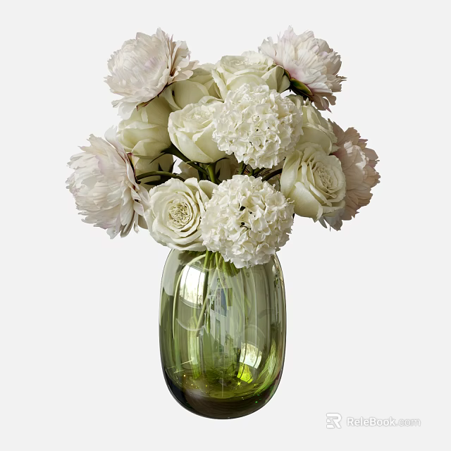 Green Glass Vase With White Blooming Flowers And Elegant Floral Arrangement 3d model 