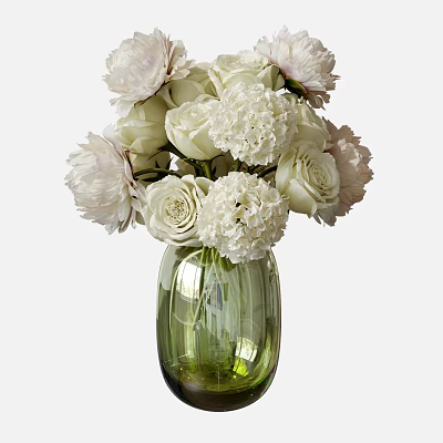 Green Glass Vase With White Blooming Flowers And Elegant Floral Arrangement 3d model