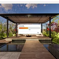 Tranquil Courtyard Garden Featuring Covered Pavilion Wooden Walkway Water Pond and Lush Greenery Seating