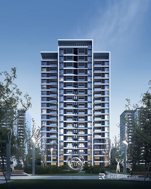 Modern High Rise Residential Building With Glass Windows And Surrounding Trees 3d model 