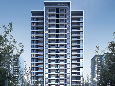 Modern High Rise Residential Building With Glass Windows And Surrounding Trees 3d model
