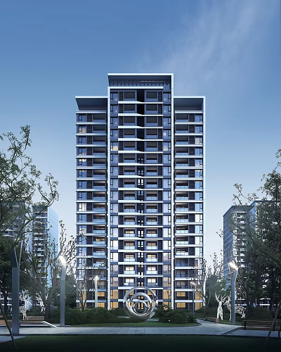 Modern High Rise Residential Building With Glass Windows And Surrounding Trees 3d model