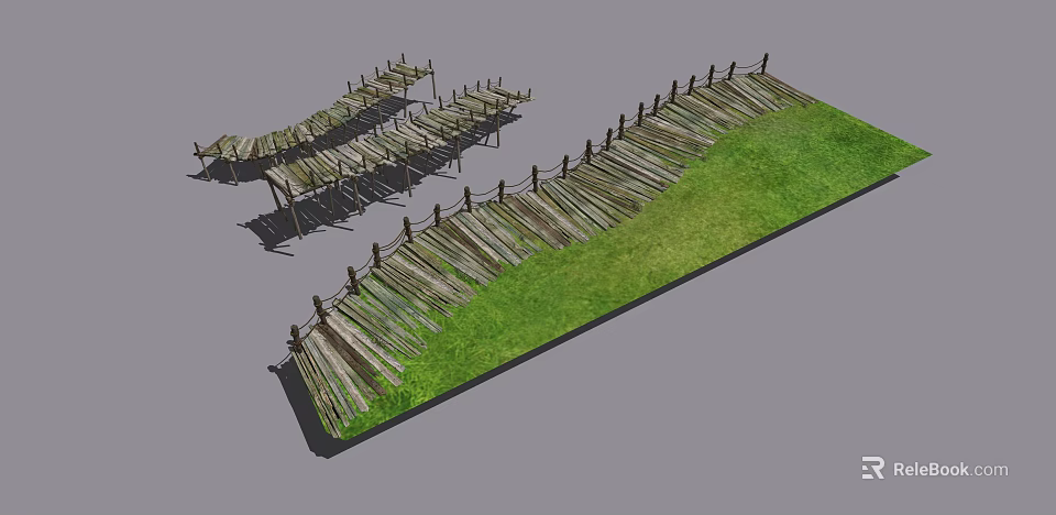 Wooden Plank Walkway With Railings And Green Grass Outdoor Path 3d model 
