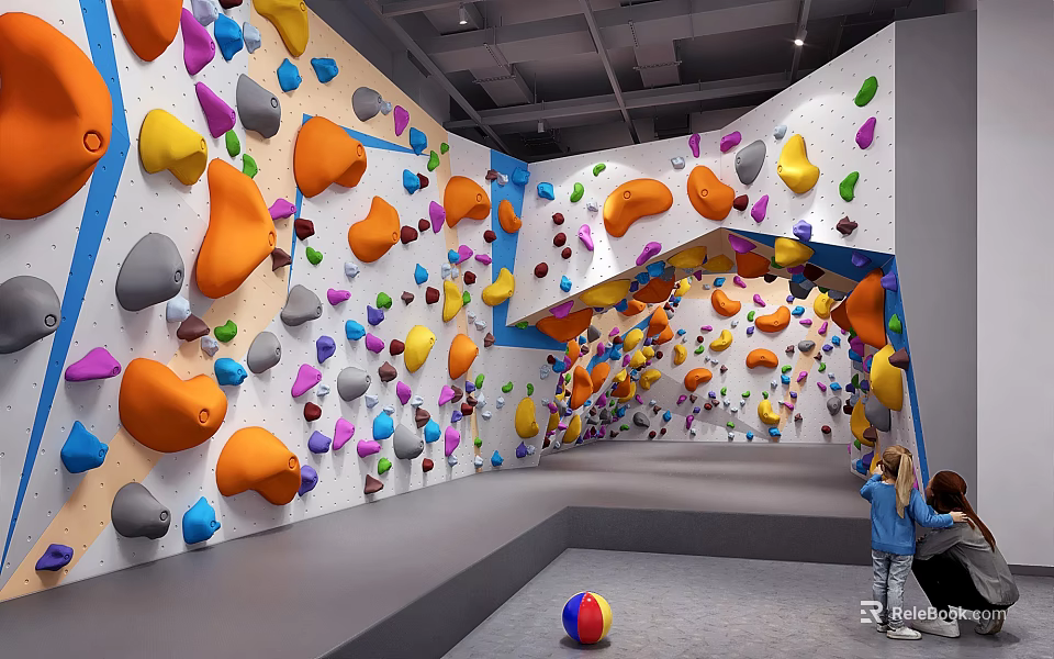 Indoor Rock Climbing Wall With Colorful Holds For Active Fitness Activities And People 3d model 