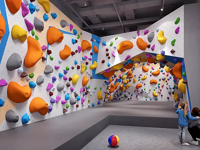 Indoor Rock Climbing Wall With Colorful Holds For Active Fitness Activities And People 3d model