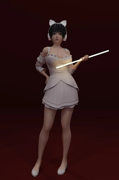 Woman in Stylish White Dress Holding Glowing Stick with Elegant Design 3d model