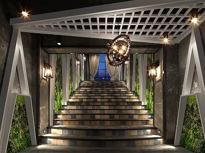 Luxurious Staircase With Latticed Ceiling Chandelier Green Plant Walls And Wall Lamps 3d model