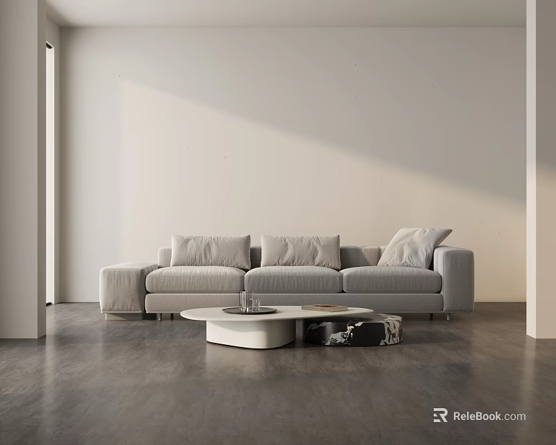 Modern Light Gray Three Seater Sofa With Round Coffee Table And Dark Floor 3d model 