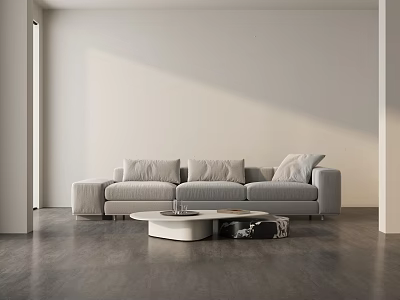 Modern Light Gray Three Seater Sofa With Round Coffee Table And Dark Floor 3d model