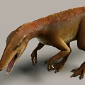 Standing Reptile Dinosaur with Open Mouth Sharp Teeth and Brown Orange Skin on Grey Background