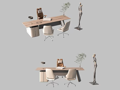 Modern Office Desk With Table Lamp Potted Plant And Office Chairs 3d model
