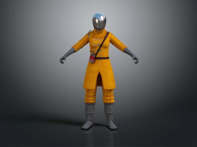 Game Movie Character In Yellow Coat With Silver Helmet And Red Utility Belt 3d model