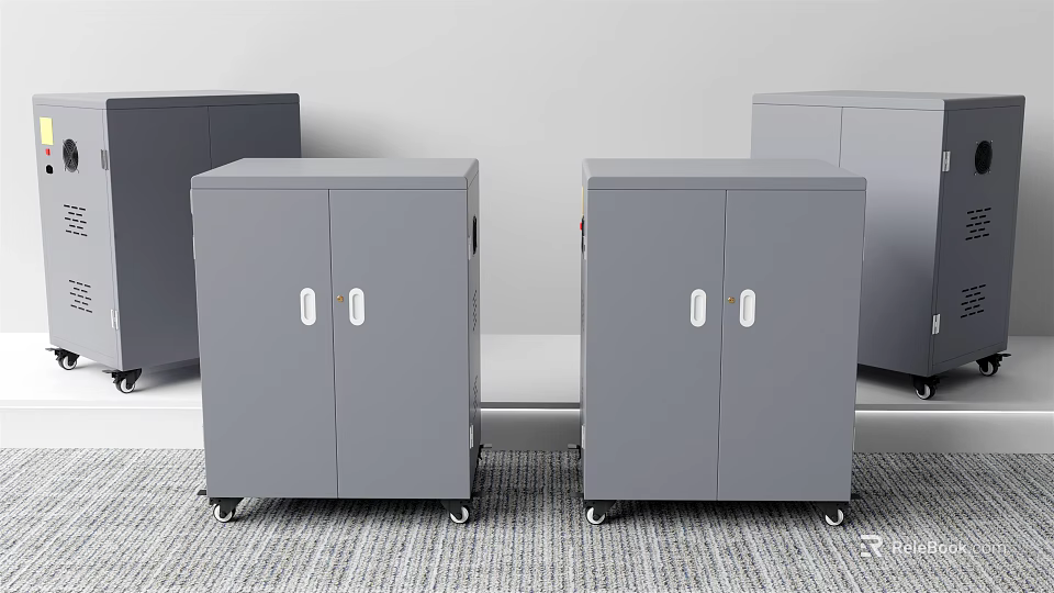 Gray Storage Cabinets with Wheels Double Doors and White Handles in Modern Room 3d model 