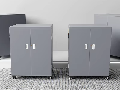 Gray Storage Cabinets with Wheels Double Doors and White Handles in Modern Room 3d model