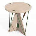 Light Wooden Stool With Round Top Green Ropes And Brown Leather Strap Design