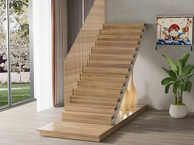 Modern Wooden Staircase Indoor Design With Glass Railing Natural Light Potted Plant And Decorative Painting 3d model