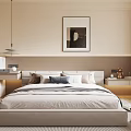 Modern Bedroom Interior With Bed Pillows Blanket Window Curtains Artwork And Rug