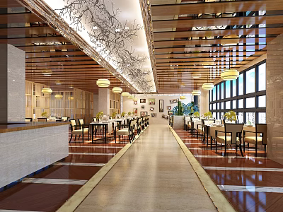 Elegant Modern Restaurant Interior With Wooden Ceiling Pendant Lights Large Windows Dining Tables And Green Plants 3d model