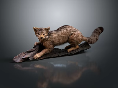 Lifelike Cat Sculpture In Crouching Position With Detailed Fur Texture On Wooden Log Base 3d model