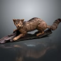 Lifelike Cat Sculpture In Crouching Position With Detailed Fur Texture On Wooden Log Base